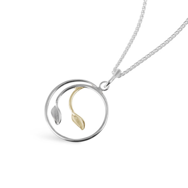 Handmade 925 Silver & 9ct Gold Double Circle Leaf Pendant with 18" Silver Chain