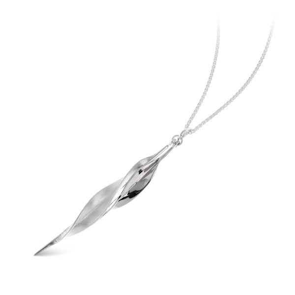 Handmade 925 Silver Long Twisted Double Leaf Pendant with 18" Silver Chain