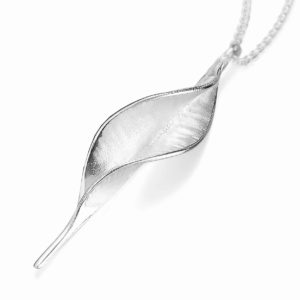 Handmade 925 Silver Wide Satin Forged Leaf Pendant with 18" Silver Chain