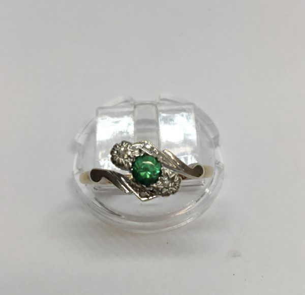 Pre-Loved 9ct and Platinum Emerald & Diamond Crossover Ring