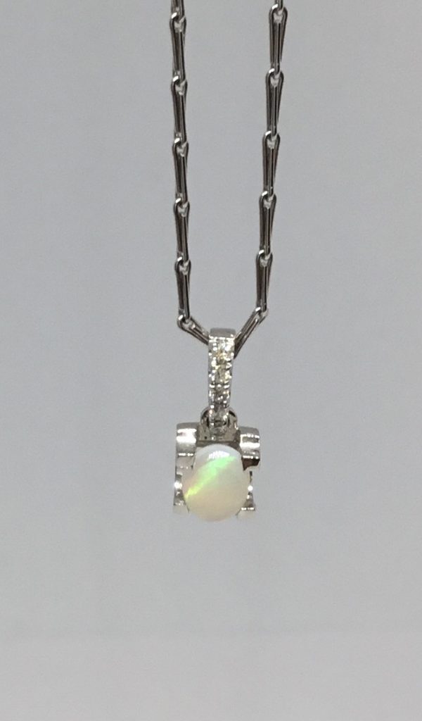 White Gold Opal & Diamond Pendant With 16" Chain