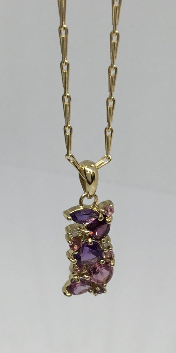 9ct Yellow Gold Pink Tourmaline Amethyst Diamond Pendant With 18" Chain