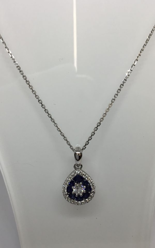 18ct White Gold Pear Sapphire & Diamond Cluster Pendant