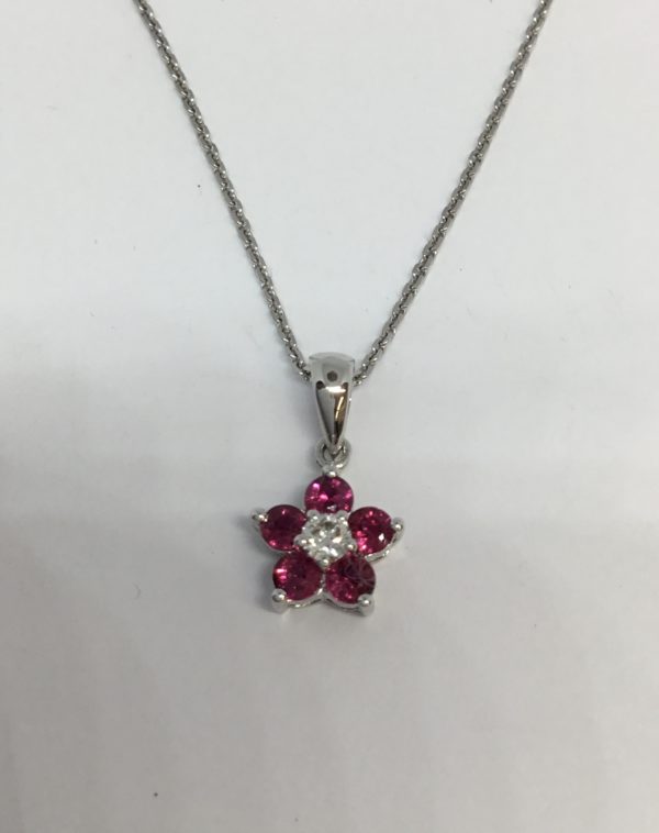 18ct White Gold Ruby & Diamond Cluster Pendant
