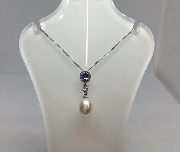 White Gold Pearl Tanzanite & Diamond Drop Pendant - Image 3