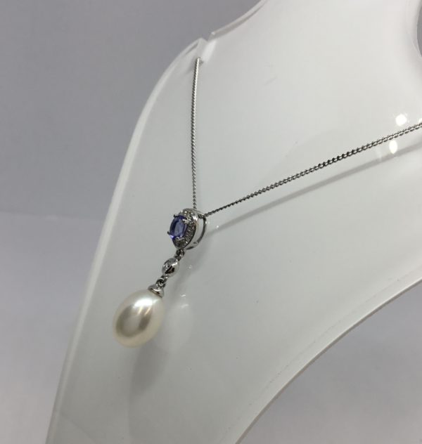White Gold Pearl Tanzanite & Diamond Drop Pendant - Image 2