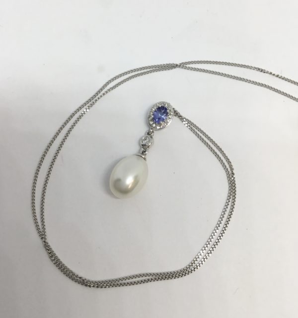 White Gold Pearl Tanzanite & Diamond Drop Pendant