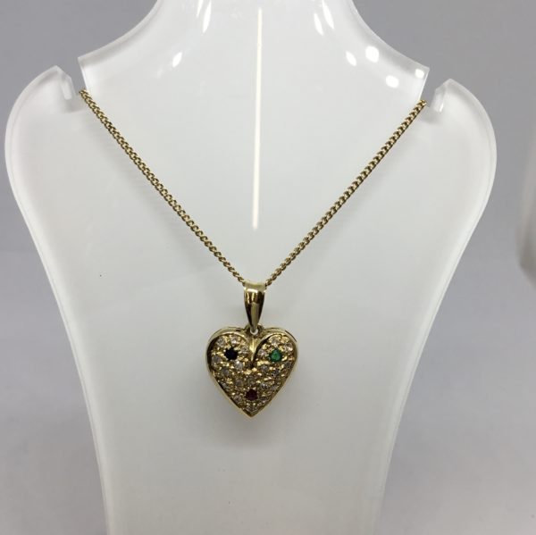Pre-Owned 18ct Gold Sapphire, Emerald, Ruby & Diamond Heart Pendant - Image 2