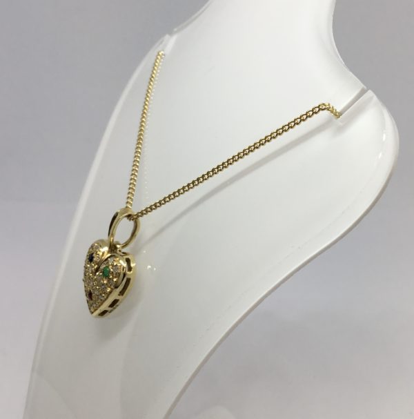 Pre-Owned 18ct Gold Sapphire, Emerald, Ruby & Diamond Heart Pendant - Image 3