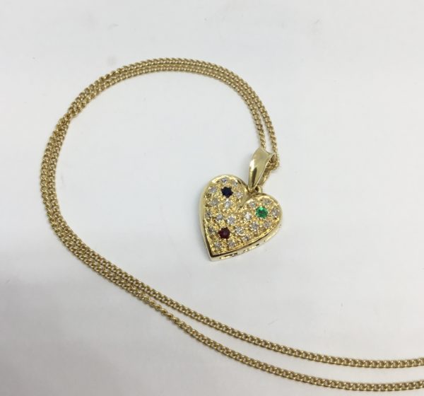 Pre-Owned 18ct Gold Sapphire, Emerald, Ruby & Diamond Heart Pendant