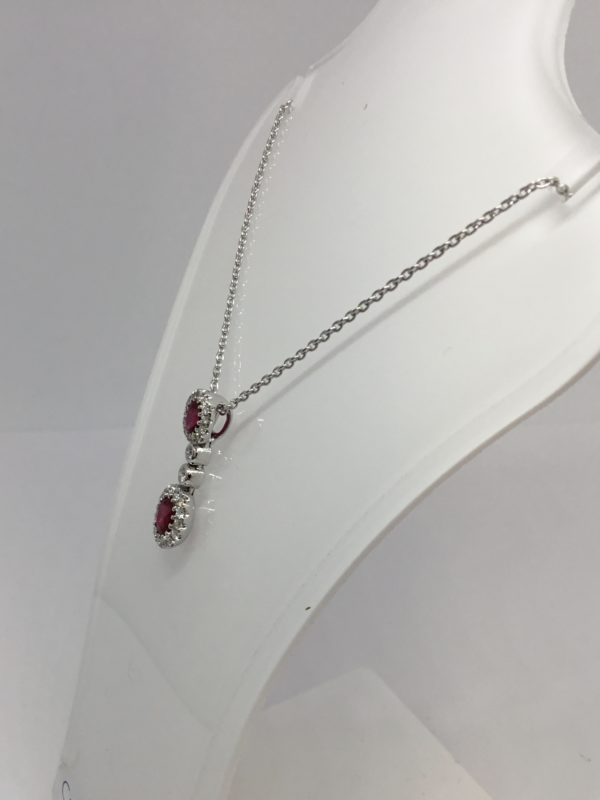 18ct White Gold Double Ruby & Diamond Cluster Pendant - Image 2