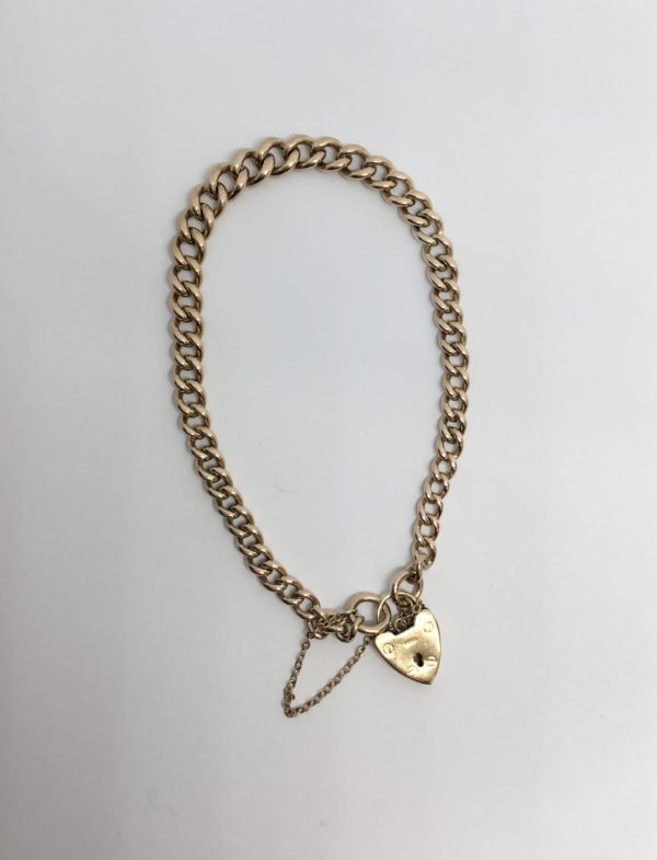 Pre-Owned 9ct Rose Gold Curb Charm Bracelet With Heart Padlock