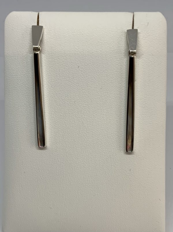 Handmade Silver Black Mother of Pearl Long Drop Earrings