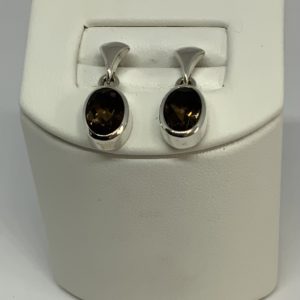 Handmade Silver Oval Smokey Quartz Drop Earrings