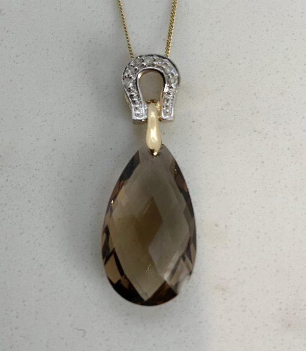 Pre Owned 9ct Yellow Gold Smokey Quartz and Diamond Pendant