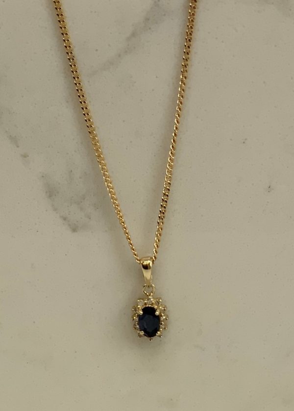 Pre Owned 9ct Yellow Gold Sapphire  and Diamond Pendant - Image 2