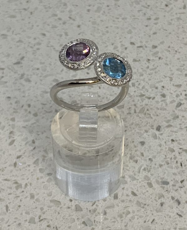 18ct White gold Blue Topaz Amethyst & Diamond Dress Ring