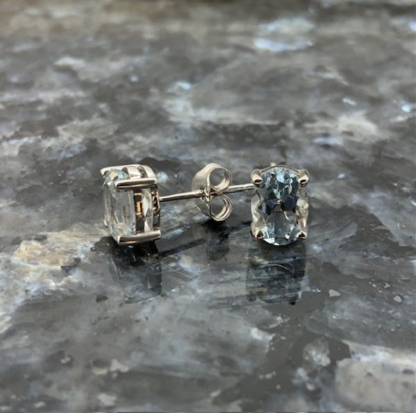 9ct White Gold Oval Aquamarine Claw Set Studs