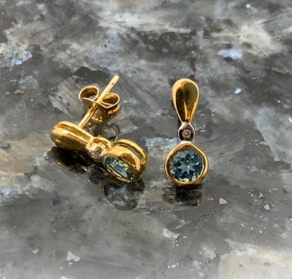 9ct Two Colour Blue Topaz & Diamond Rub Set Drop Earrings