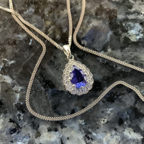18ct White Gold Pear Shaped Tanzanite & Diamond Pendant