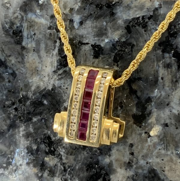 Pre Owned 14ct Ruby & Diamond Deco Style Pendant - Image 2