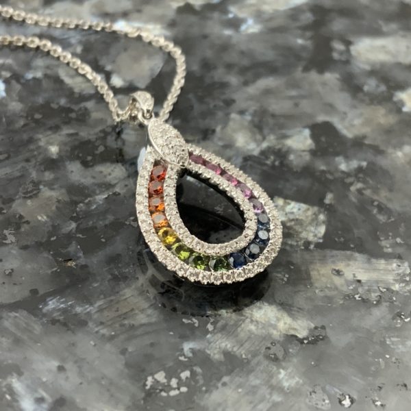 18ct White Gold Rainbow Sapphire & Diamond Pendant - Image 2