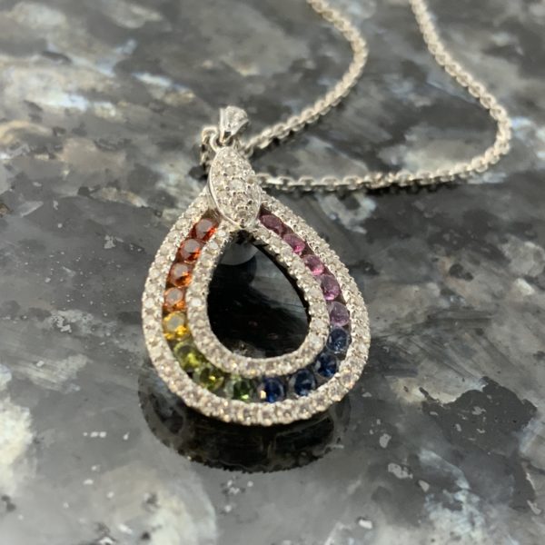 18ct White Gold Rainbow Sapphire & Diamond Pendant