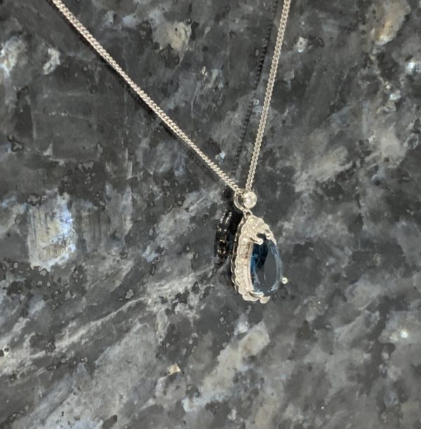 9ct White Gold London Blue Topaz Pear & Diamond Pendant - Image 2