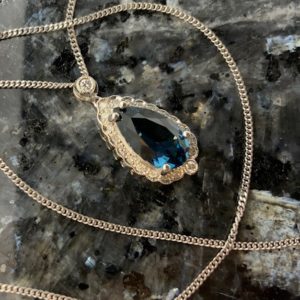 9ct White Gold London Blue Topaz Pear & Diamond Pendant