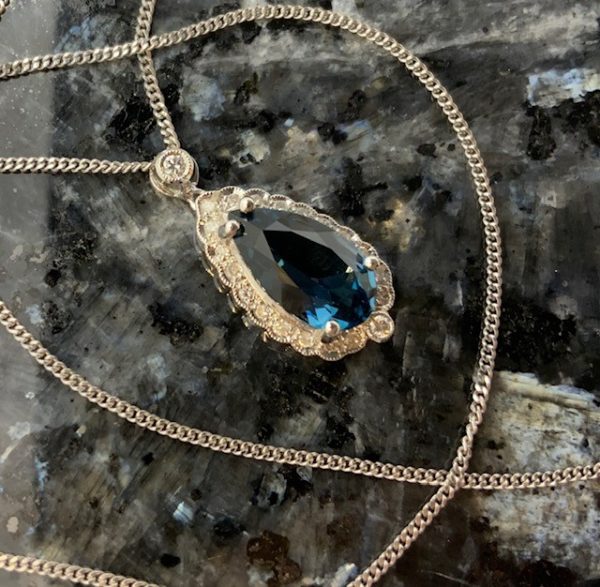 9ct White Gold London Blue Topaz Pear & Diamond Pendant