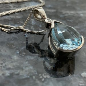 9ct White Gold Pear Shaped Blue Topaz & Diamond Pendant