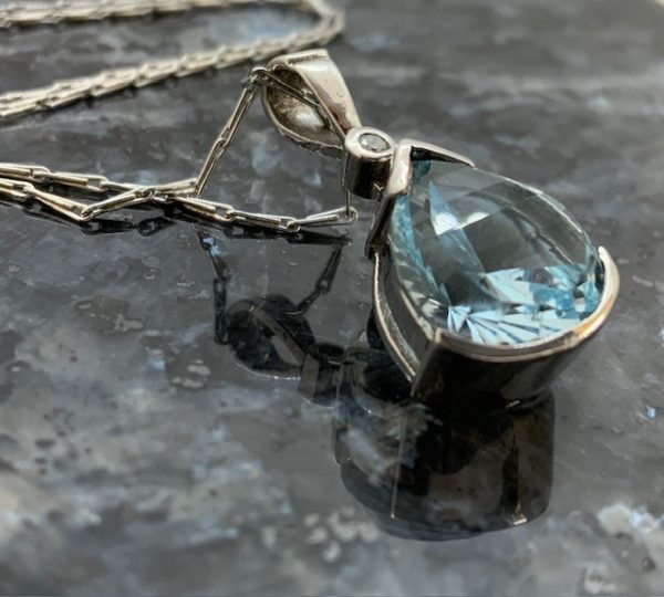9ct White Gold Pear Shaped Blue Topaz & Diamond Pendant