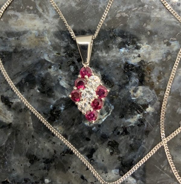 Pre-Owned 18ct White Gold Ruby & Diamond Cluster Pendant