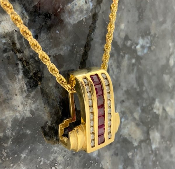 Pre Owned 14ct Ruby & Diamond Deco Style Pendant