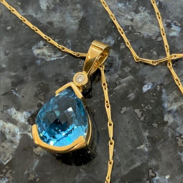 9ct Gold Blue Topaz Pear Pendant With Small Diamond
