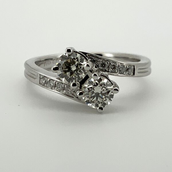 18ct White Gold 2 Stone Diamond Crossover Ring with Diamond Shoulders - Image 2