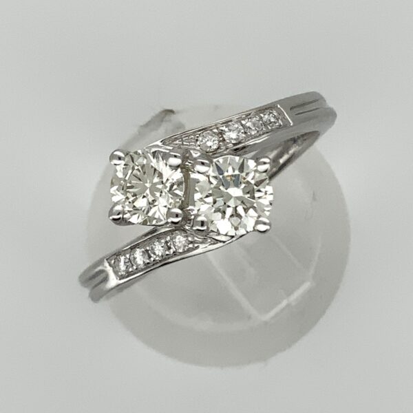 18ct White Gold 2 Stone Diamond Crossover Ring with Diamond Shoulders