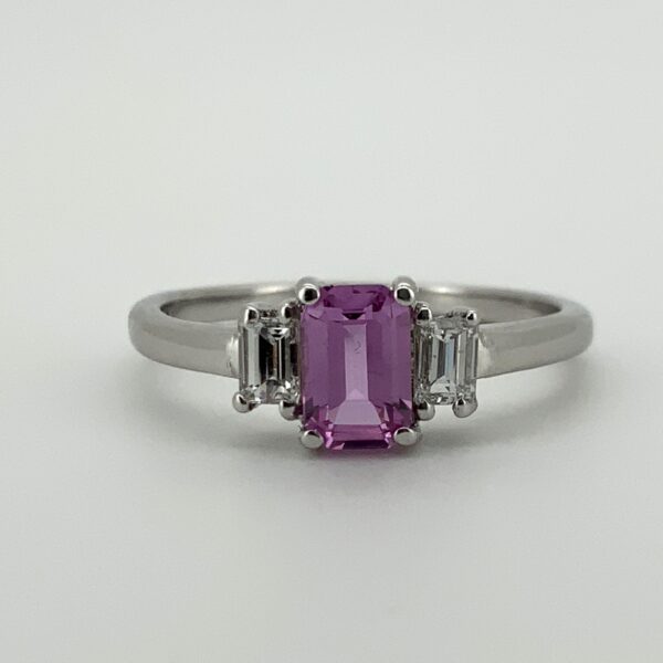 18ct White Gold Emerald Cut Pink Sapphire & Diamond  Ring - Image 2