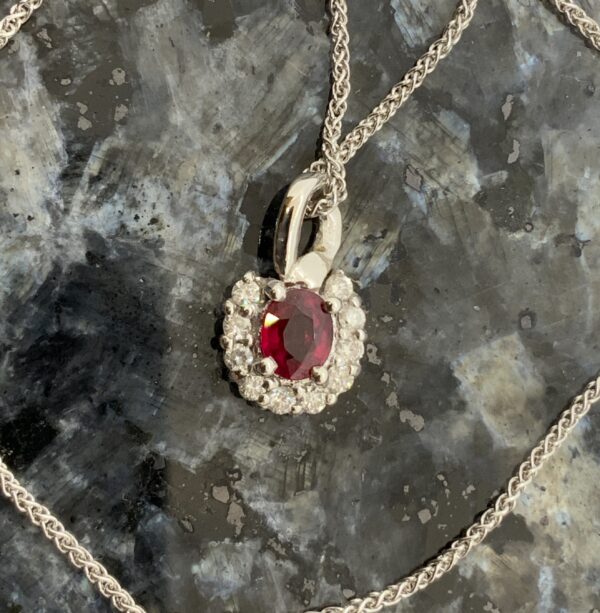 18ct White Gold Ruby & Diamond Cluster Pendant