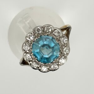 Pre Owned18ct White Gold Blue Zircon & Diamond Cluster Ring