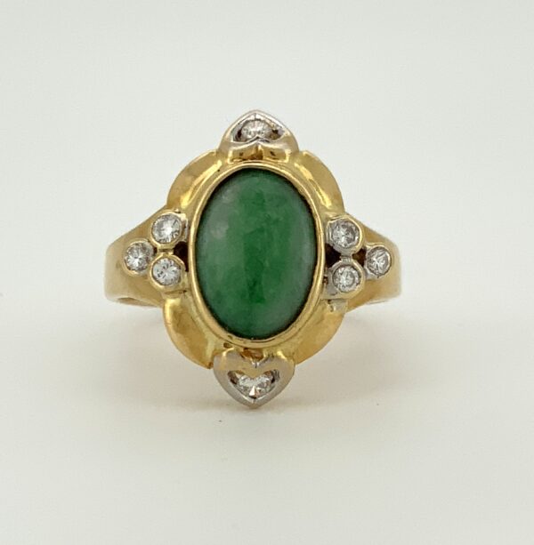 Pre Owned 18ct Yellow Gold Jade & Diamond Ring - Image 5
