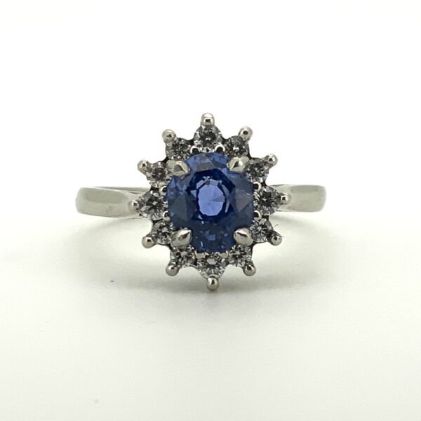 Pre Owned Platinum Sapphire & Diamond Cluster Ring - Image 2